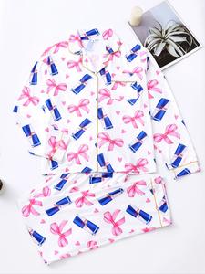 Women's Two-Piece Set with Bowknot Heart Design, Long Sleeve Top and Pants with Small Pockets, Comfortable Soft Fabric, All-Season Casual Home Wear