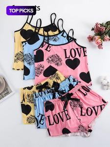 6 Piece Set Women's Heart & Letter Print Lettuce Trim Pyjama Set, Casual Spaghetti Strap Cami Top & Bow Decor Shorts, Summer Sleepwear Loungewear Set for Women Valentine's Day