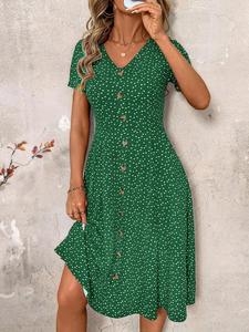 V-Neck Polka Dot Dress with Slim-Fitting Design, Perfect for Spring and Summer Tea Parties and Valentine's Day