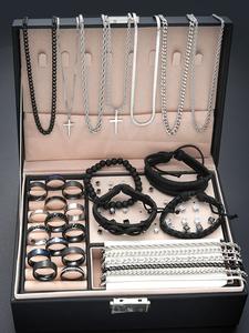 Men's Fashion Jewelry Set, Casual Trendy Cross Charm Necklace & Black Braided Bracelet & Earrings & Rings & Chain Bracelet, Hip Hop Fashion Jewelry Accessories Set for Party & Daily Decor, Couples Gifts, Matching Jewelry Set