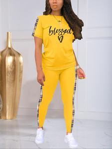 Two-piece Set Women's Letter Print Tee & Plaid Patchwork Print Pants Set, Casual Round Neck Short Sleeve T-shirt & Elastic Waist Trousers, Ladies Summer Clothes, Workout Sets Women, Cute Two Piece Sets, Womenswear, Casual Outfit Set