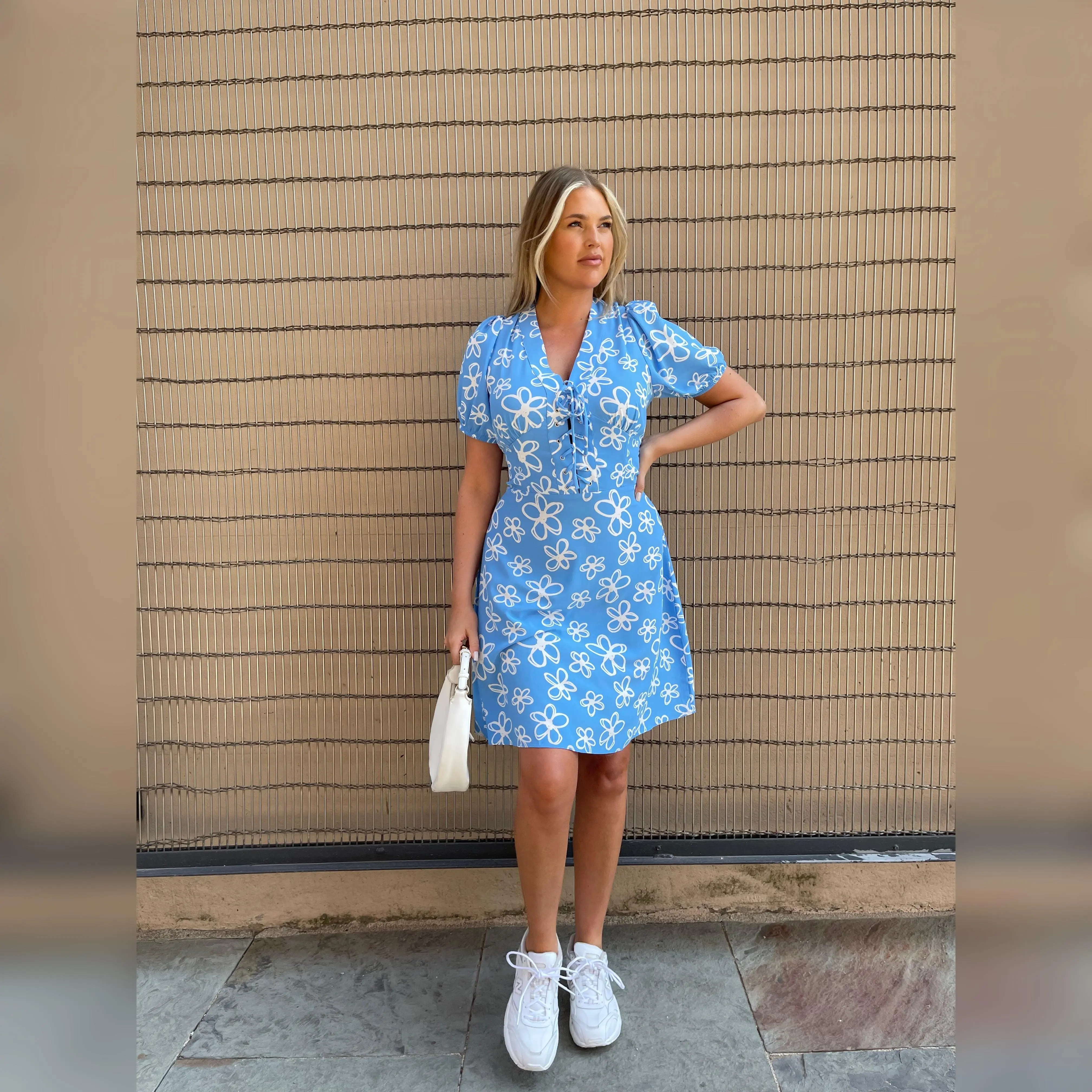 Blue Scribble-Daisy Lace-Up Front Mini-Dress