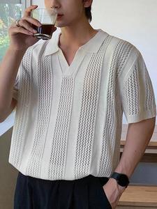 Men's Solid Color Jacquard Knitted V Neck Polo Shirt, Regular Fit Casual Comfy Hollow Out Design Short Sleeve Knit Top for Summer, Fashion Men's Knitwear for Daily Wear, Menswear