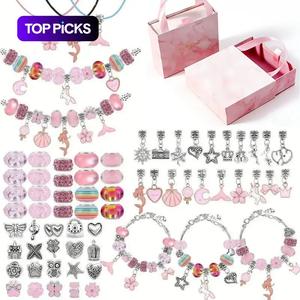 67-Piece DIY Charm Bracelet Beads Set, includes 60 bead accessories, 3 bracelets, and 3 necklaces. Jewelry making kit with a portable jewelry box—cute, shiny, and creativity-inspiring. The perfect birthday gift for girls aged 6-10.