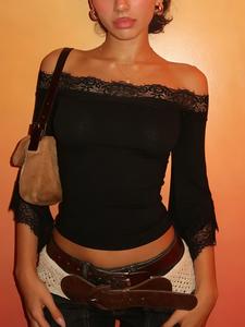 Lace Panel off Shoulder Flare Sleeve T-Shirt, Y2K Backless Sexy Crop Top for Spring & Summer, Vintage Elegant Casual Women's Fashion, Casual Classy Top