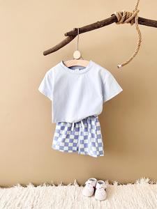 Baby's Summer Clothes, Solid Short Sleeve Tee & Checkerboard Print Shorts, Casual Two-Piece Outfits for Infant Toddler Kids Summer Daily Wear