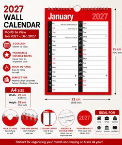 2027 A4 Wall Calendar Month to View | 29 x 22 cm | 2 Column Spiral Bound Wall Planner | January to
