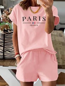 Women's Letter & Flag Print Two-piece Set, Short Sleeve Tee & Elastic Waist Shorts Set, Set Outfits, Casual Round Neck T-shirt & Pocket Shorts for Summer, Co Ords for Women, Ladies Clothes for Daily Wear, Co Ords for Women