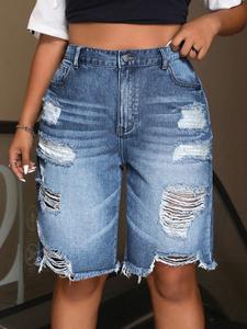 Women's Plus Size Distressed Denim Shorts Spring Summer New Breathable Comfort Ripped Design Casual Match Women's Mid-Thigh Pants