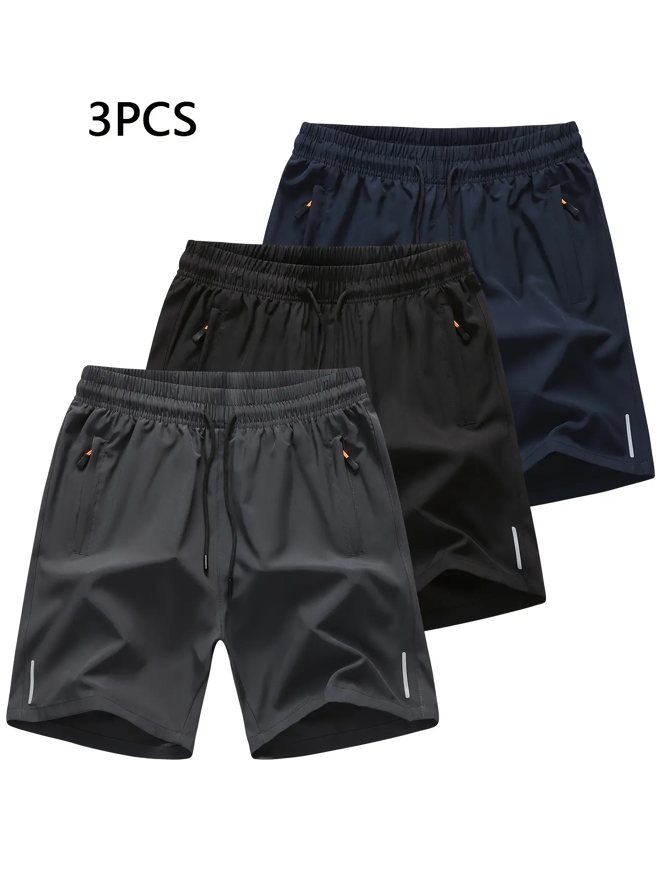 New summer men's breathable quick-drying 3-pack sports shorts - drawstring design + anti-theft zipper pocket black technology fabric essential equipment for hiking and running"