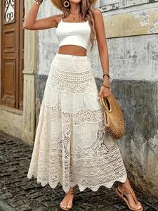 Women's Plain Hollow Out Floral Lace Skirt, Bohemian Fashion Style A Line Fitted Long Skirt for Beach Holiday Vacation, Ladies Bottoms for All Seasons Knit Piece