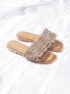 Women's Fashionable Rhinestone Decorated Slides, Glitter Decorated Sandals, Casual Comfortable Flat Slippers for Summer, Lightweight Breathable Shoes for Daily Wear