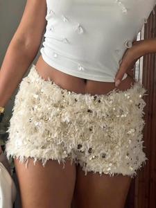 Womens White Sequin Feather Mini Skirt High Waist Bodycon Short Skirt Shimmer Sparkly Texture Soft Lined Party Night Out Club Birthday Vacation Holiday Festival Sexy Chic Trendy Statement Bottoms High Waist Skirts