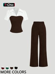 This Two-Piece Set is Powerful Office Lady Vibes  Striped Collar Fitted Top & Wide Leg Pants Set Spring