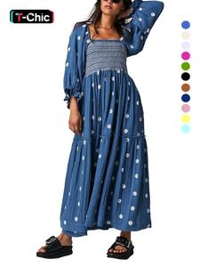 Women Bohemian Loose Fit Casual Wear Floral Dress Lantern Sleeve Square Neck Flower Embroidered Maxi Dress Flowy High Waist Long Dress Aesthetic