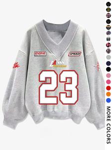 Women's Number Print V Neck Sweatshirt, Casual Long Sleeve Pullover for Fall & Winter, Women's Clothes for Daily Wear, Womenswear, Sweatshirts Women