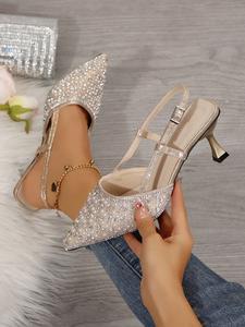 Spring Summer New Korean Style Simple Rhinestone Artificial Pearl Pointed High Heels, Elegant Fine Heel Shoes for Dates Parties Commute Business