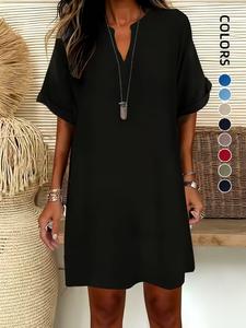 Women's Plain V-Neck Short Sleeve Dress, Casual Drop Shoulder A-Line Midi Skirt, Summer Fashion, Comfortable and Stylish