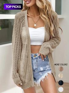 Women's Solid Color Hollow Out Long Sleeve Cardigan, Casual Open Front Knitwear for Summer, Fashion Women's Knit Clothing for Daily Wear