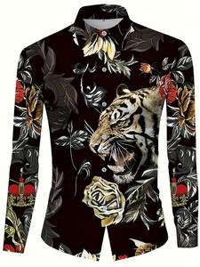 Men's Regular Fit Tiger & Rose Print Long Sleeve Shirt, Casual Party Shirt, Casual Comfy Collared Top for Spring & Fall, Fashion Men's Clothes for Daily Wear