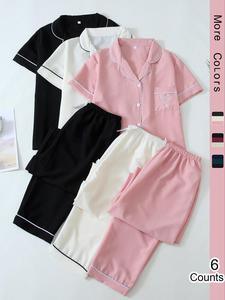 Women's Contrast Binding Lapel Neck Pocket Pajama Set, Short Sleeve Button Front Shirt & Elastic Waist Pants PJ Set, Casual Comfy Pyjama Set for Women, Pyjamas for Women, Matching Pyjamas