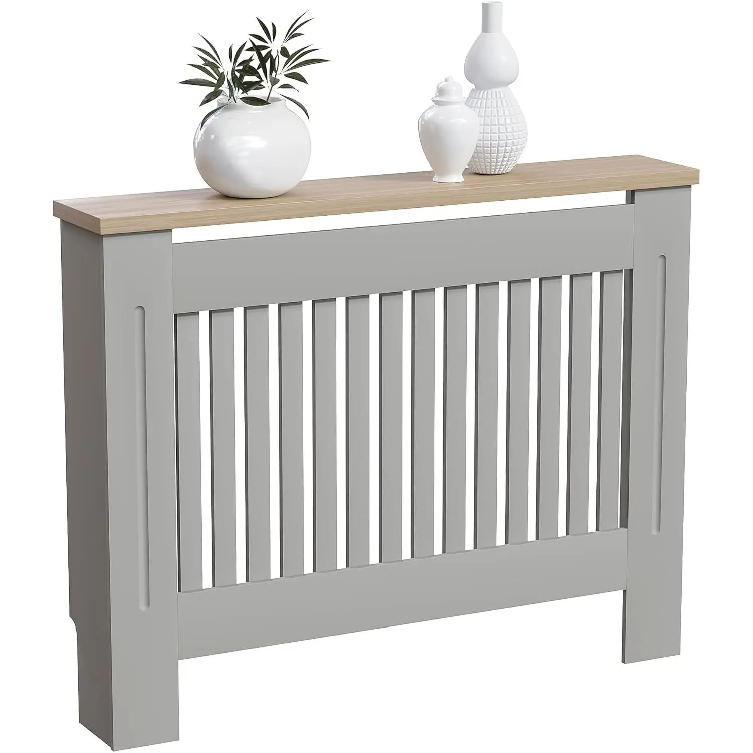 Vida Designs Arlington Radiator Cover Grey Modern Painted MDF Cabinet, Slats, Grill, Wood Top Shelf, Medium