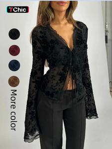 Elegant Floral Slim-Fit Ruched Flounce Flared Sleeve Top for Women, Sexy Transparent Mesh Top for Spring & Fall Clothes