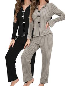 Women's Contrast Binding Lettuce Trim Pajama Set, Long Sleeve, Casual Bow Decor Flounce Sleeve Collared Top & PJ Pants, Women's Sleepwear for Spring & Fall, Pyjamas for Women