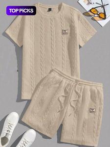 Men's Textured Knit Two-Piece Set, Round Neck Short Sleeve Top & Drawstring Shorts, Summer Casual Streetwear