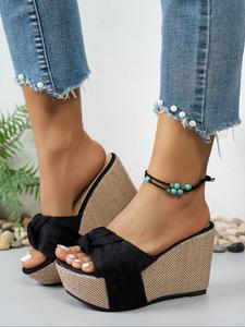 Women's Fashionable Bowknot Design Slippers, Casual Comfortable Black Wedge Sandals for Summer, Lightweight Sandal, Female All-match Round Toe Platform Heeled Bohemian Sandals for Daily Wear, Classy Wedge Sandal Shoes, Footwear