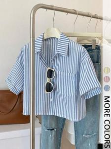 Women's Striped Print Button Front Shirt Blouses, Casual Short Sleeve Top for Summer, Ladies Clothes for Daily Wear