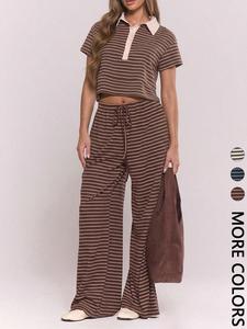 Women's Striped Knit Co-ord Set, Contrast Collar Polo Neck Short Sleeve Crop Top, Elastic Drawstring Waist Wide Leg Pants, Soft Stretchy Breathable Fabric, Casual Daily, Loungewear & Commute Wear, Relaxed Preppy Casual Style 2 Piece
