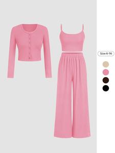 Three-piece Set Women's Solid Ribbed Crop Cami Top & High Waist Pants & Long Sleeve Top, Casual Fashion Cozy Set for Daily Outdoor Wear, Ladies Summer Clothes