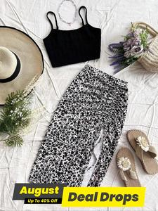 Women's Plain Cami Top & Ditsy Floral Print Ruched Drawstring Skirt, Casual Sleeveless Top & Skirt for Summer, Two-piece Women’s Sets, Womenswear