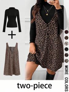 Women's High Neck Inner Layer + Leopard Print Strap Skirt Set, Casual Daily Spring Autumn Commuter, Two-Piece Ensemble