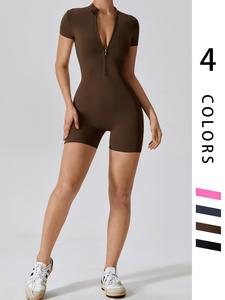 Fashion Zipper Yoga Jumpsuit Short Playsuit Women Romper Short Sleeve Gym Fitness Overalls One Piece Sports Suit Unitard