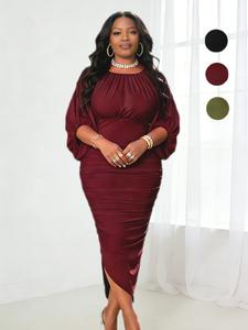 【Plus Size】 Solid Color Dress, Elegant Fashion Casual Dress for Daily Outdoor Wear, Women Clothing for Spring Fall, Womenswear