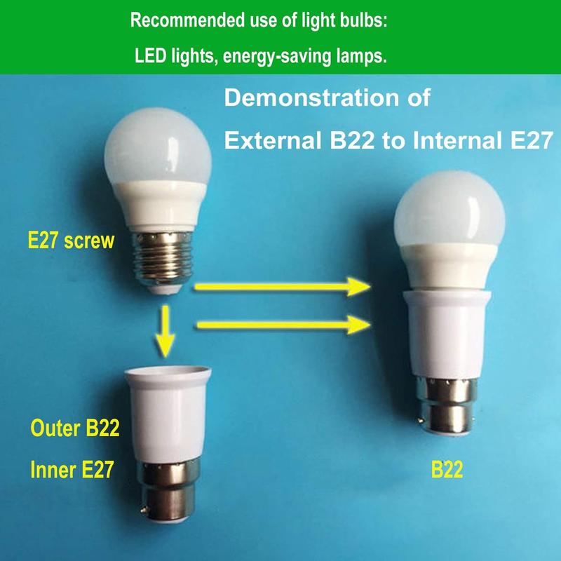 Ceiling Light Fan Adapter B22 to E27 Socket Converter, Screw to Bayonet Bulb & Fan Socket Adapter, ES to BC Lamp Base Adapter, Max Wattage 60W, Voltage 0-250V, CFL Bulbs ring light shade Socket Converter Adapter for LED, Incandescent & CFL Bulbs Universal