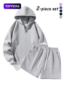 Men's Half-Zip Hoodie with Shorts Two-Piece Set, Basic Style Comfortable and Warm Sports Jogging Set, Sweatsuit Sets, Suitable for Daily Wear, Outdoor Activities, Running and Workouts – Available for Men and Women.