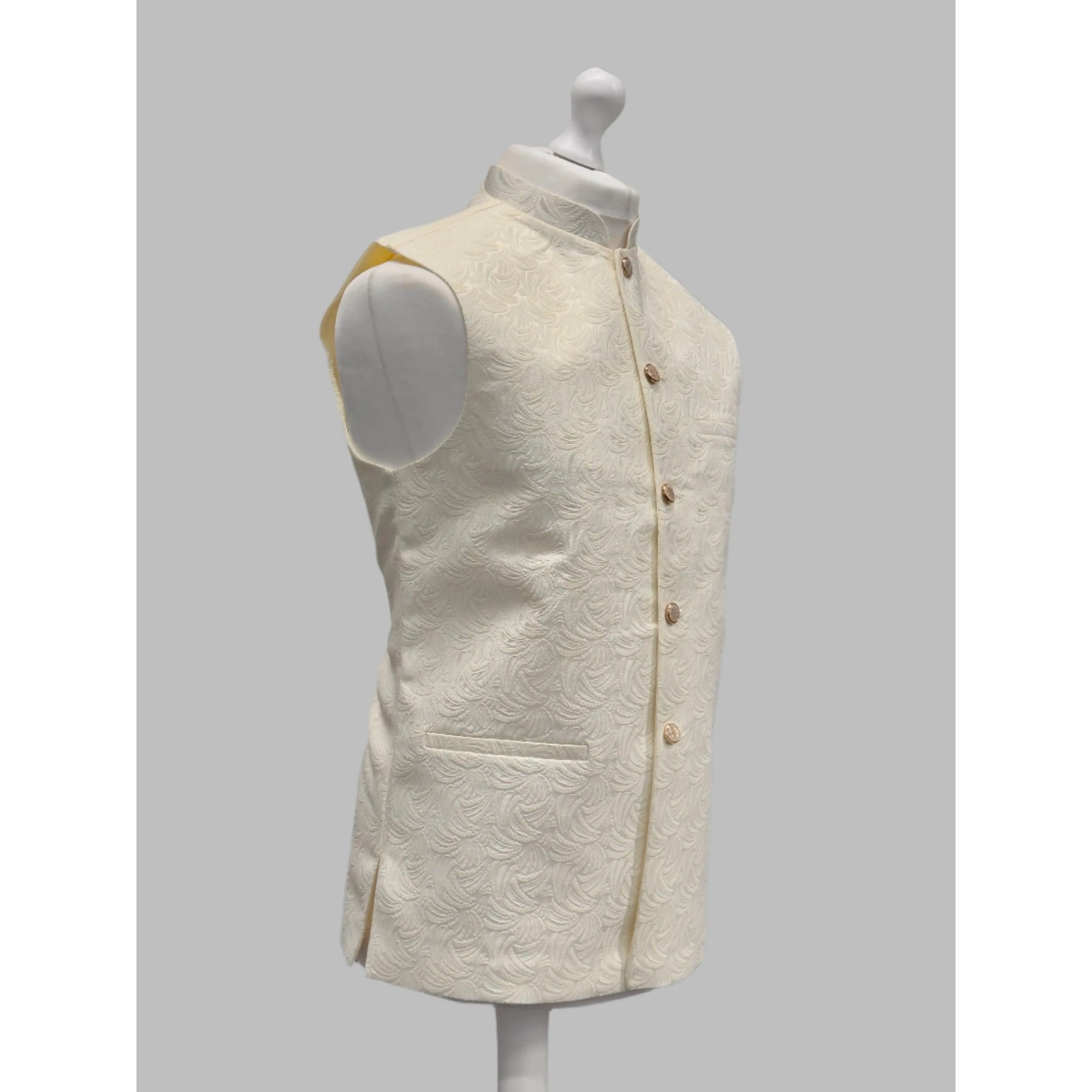 Men's Swirl Design Cream Jamawar Waistcoat