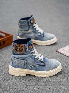 Men's Fashionable Denim Design Lace Up Boots, Shoes for Men, Casual Comfortable Blue Boots for Men Daily Wear, Male All-match Round Toe High Cut Shoes for Daily Wear, Footwear, Casual Ankle Boots, Walking Shoes, Casual Outdoor Cowboy Work Boots