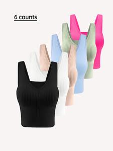 Women's Solid Ribbed Backless Bra, Casual Comfortable Breathable Removable Chest Pad Lingerie Top for Daily Wear, Ladies Underwear for All Seasons
