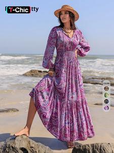 Women's Paisley Print Shirred Tie Neck Ruffle Hem Long Sleeve A Line Dress, Summer Sundress 2024, Dresses for Women, Boho Fashion Lantern Sleeve Long Holiday Dresses for Beach Holiday Vacation, Back To School Outfits