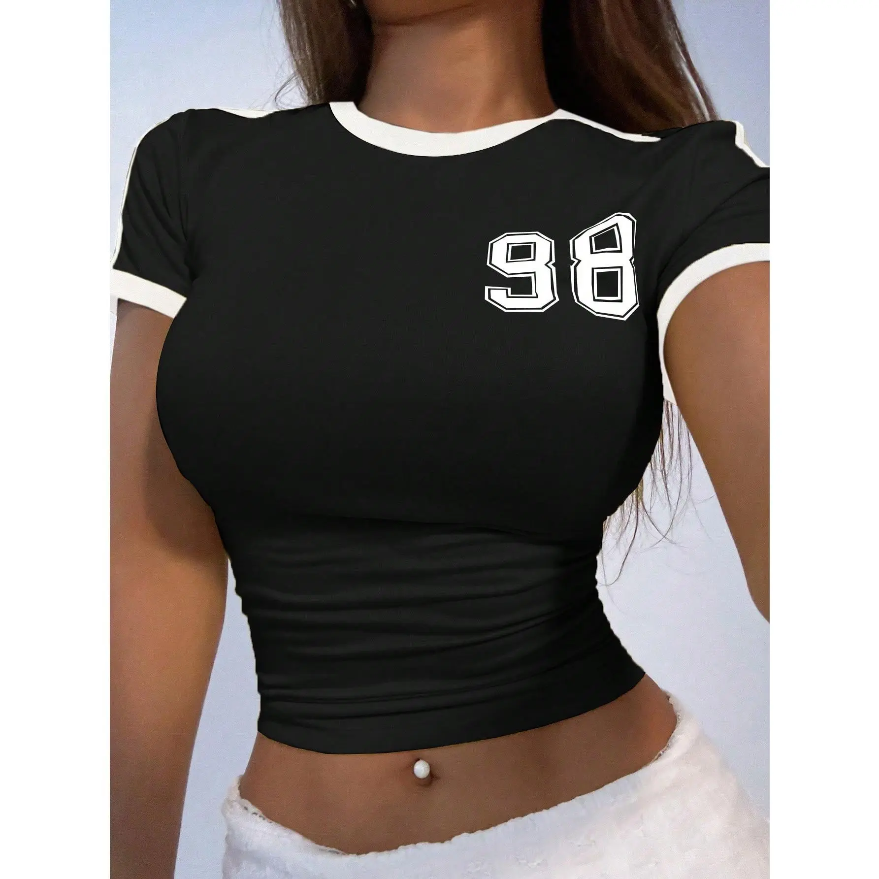 Contrast Trim Numeral Letter Print Slim Fit Round Neck T-Shirt Graphic Tees Women Tops