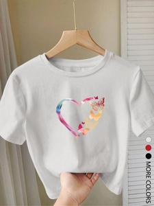 Women's Butterfly & Heart Print Round Neck Tee, Fashion Casual Crew Neck T-shirt for Daily Holiday Vacation Outdoor Wear, Ladies Clothes for All Seasons, Top