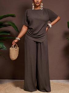 Women's Casual Summer Set, Asymmetrical Hem Short Sleeve Top & Elastic Waist Wide Leg Pants, Plus Size Fashion