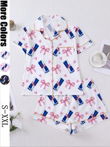 Women's Heart Bow Print Sleepwear Set, Short Sleeve Button-Up Top & Elastic Shorts, Casual Home Wear, Party