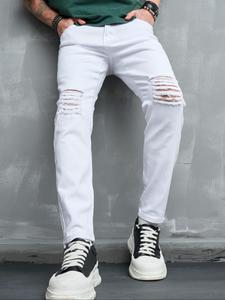 Men's Solid Ripped Skinny Jeans, Casual Comfy Denim Jeans for Daily Wear, Fashion Men's Bottoms for All Seasons, Cotton