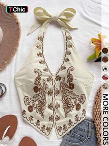 Vacation Style Embroidered Adjustable Halter Neck Tank Top, Slim-Fitting V Neck Crop Top, Backless Slim Cami for Dates, Beach, and Music Festivals