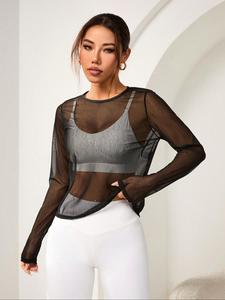 Women's Solid Sheer Round Neck Mesh Sports Tee without Bra, Long Sleeve Crew Neck T-shirt for Daily Outdoor Wear, Ladies Sportswear Training  for All Seasons, Soft Polyester Top